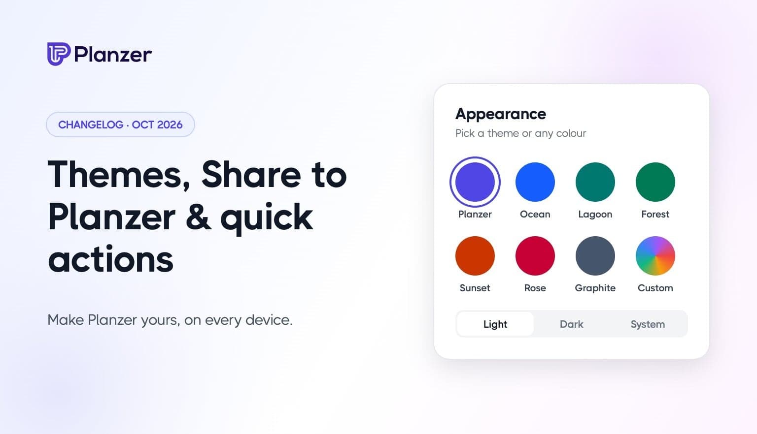 Themes, Share to Planzer and quick actions